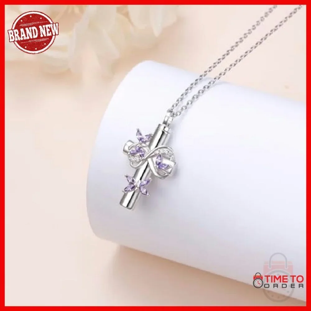 Sterling Silver Butterfly Cross Urn Necklace for Ashes Memorial Jewelry